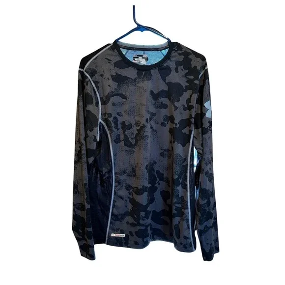 Under Armour Heat Gear Fitted Camo Long Sleeve Shirt Mens Large Black Gray - Picture 2 of 6